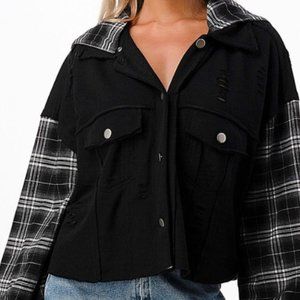 Dance & Marvel knit and plaid flannel sleeve hooded shacket - L